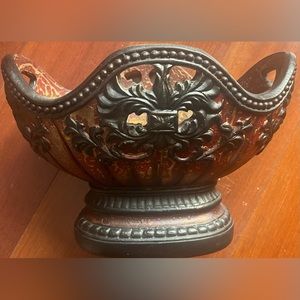 Decorative clay, pottery, ornate handled bowl gold Oil rubbed bronze maroon